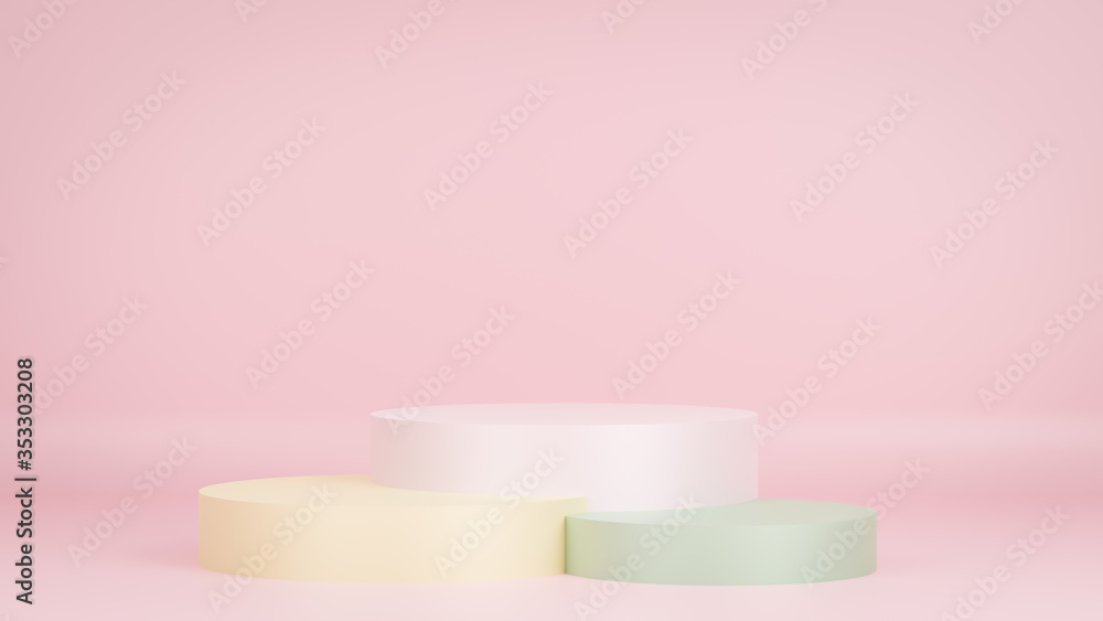 Product display and Pedestal for display concept.Blank product stand with geometrical form on pastel color background for new product,banner,sale,cosmetic,presentation.with copy space.3D render Product display and Pedestal for display concept.Blank product stand with geometrical form on pastel color background for new product,banner,sale,cosmetic,presentation.with copy space.3D render