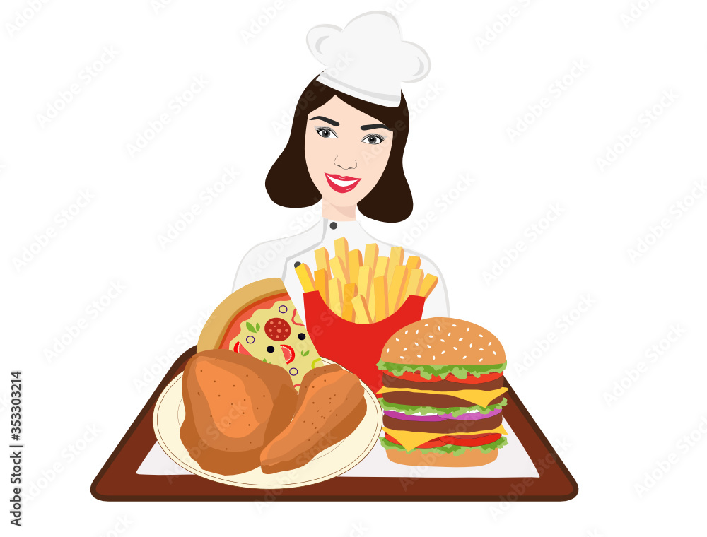 Beautiful woman chickens holding chicken, tomatoes and potatoes plate isolated vector illustration. Food cuisine background Beautiful woman chickens holding chicken, tomatoes and potatoes plate isolated vector illustration. Food cuisine background