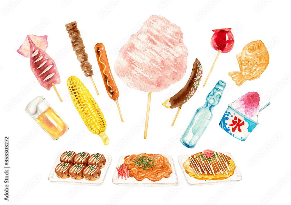 縁日 屋台 食べ物 水彩 イラスト Stock Illustration Adobe Stock