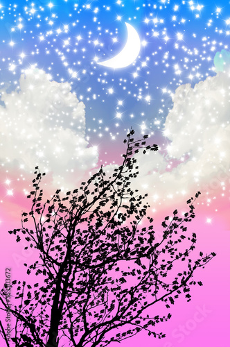 Silhouette tree night sence with moon sky cloud and star background