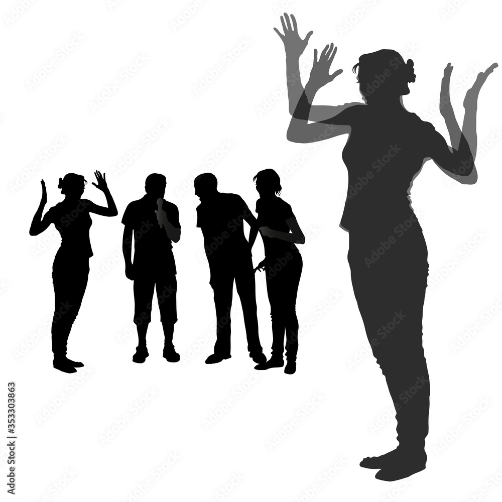 Vector silhouettes of a group of people during discussion, dispute. A team of men and women communicate, a man with a microphone, a girl with arms raised up, bent at the elbow. Emotional people.