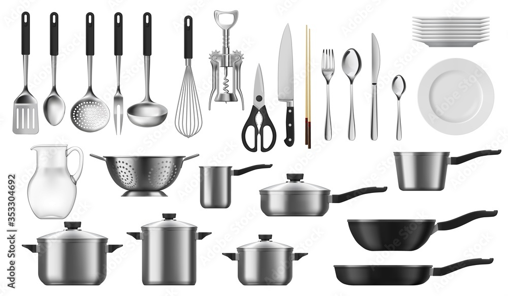 Vecteur Stock Kitchenware realistic set of vector kitchen utensils, cutlery  and tools. Cooking pot, spoon, knife and fork, plate, spatula and whisk,  frying pan, saucepan, ladle and colander, jug, corkscrew objects