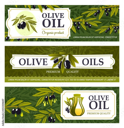 Olive oil and fruits, food vector banners with olive tree branches, black fruits and jugs of extra virgin oil. Vegetarian cooking ingredients of mediterranean cuisine, antipasti or appetizer design