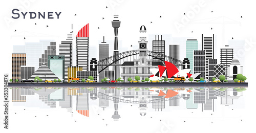 Sydney Australia City Skyline with Gray Buildings and Reflections Isolated on White Background.