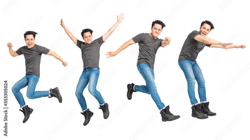 cheerful young man jumping over white background cheerful young man jumping over white background