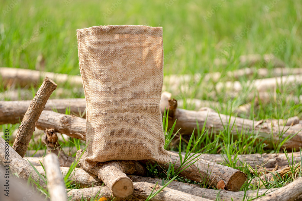 Sacks lay on the green grass Sacks lay on the green grass