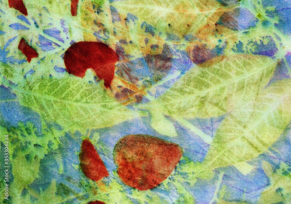 Botanical print with leaf prints on natural silk Botanical print with leaf prints on natural silk