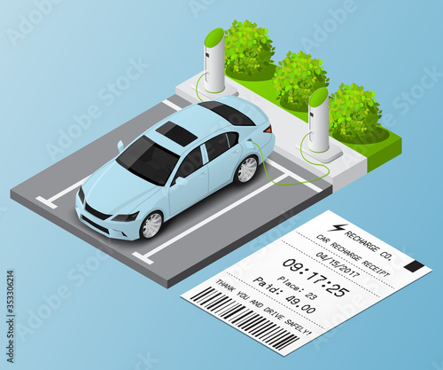 Isometric vector illustration Car in the parking lot for recharge and ticket