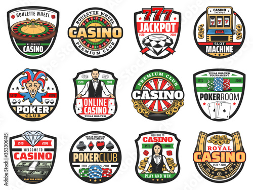 Casino roulette and poker croupier vector icons of gambling games. Casino play cards, roulette wheels, dice and chips, jackpot, slot machine, blackjack, cash money and gold coins, lucky horseshoe, 777