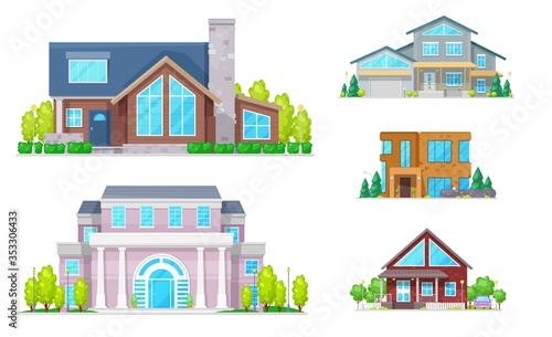 House buildings of real estate vector icons. Two storey homes, cottage, villa and bungalow, mansion and townhouse with front doors, windows, roofs and chimneys, garage, porch and mansard