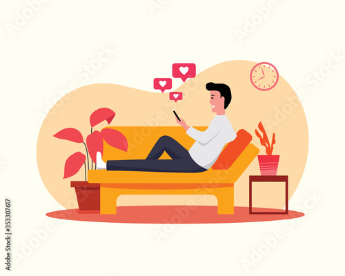 Man wasting time with his smartphone at Home