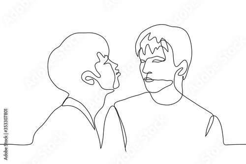 A pair of men, one man extended his lips in a kiss to another man, he is perplexed. A man flirts with a guy, plays his brother, playfully plays with a friend. One continuous line drawing of a guy with