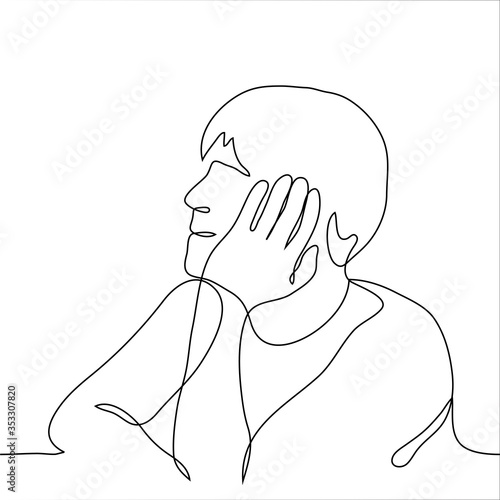 Portrait of a Man, guy sitting dreamy and contented propping his face with his left hand. One continuous line drawing is the concept of dreaming, love, pleasant expectation. Can be used for animation