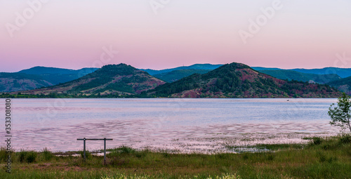 Panorama of Lac du Salagou at sunrise in Hérault in Occitania, France