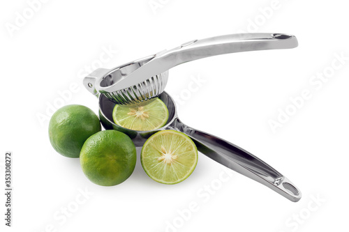 stainless Squeezer with  lemon sliced on white background
