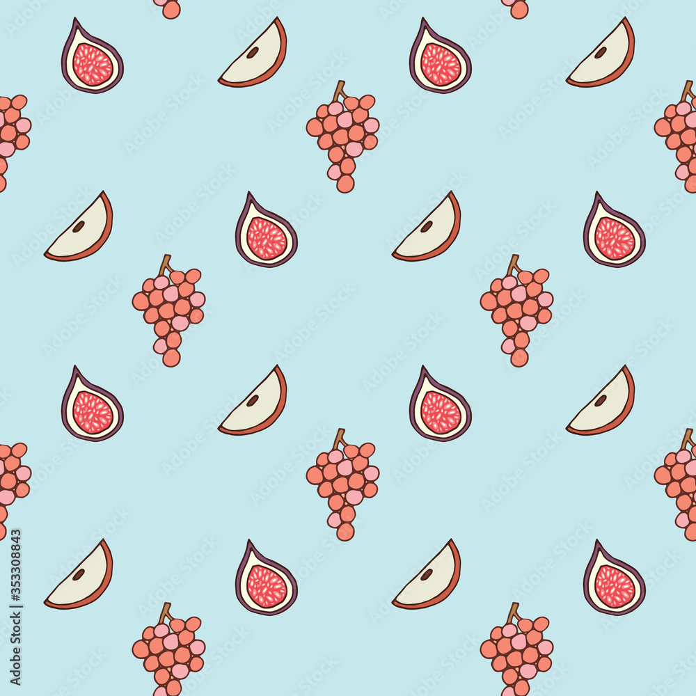 Seamless Vector Pattern with Pink Grapes, Apple Slices and Figs on a Blue Background