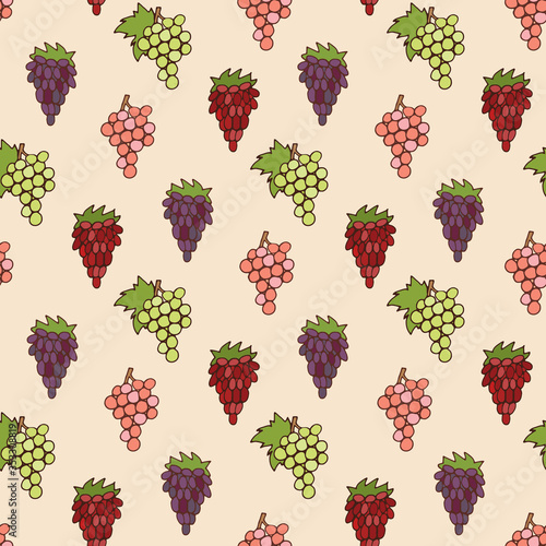 Seamless Vector Pattern with Purple, Pink and Green Grapes on a Beige Background