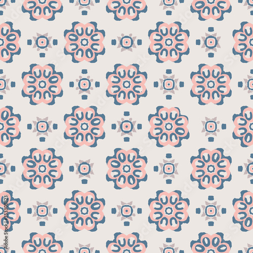 Blue and pink Indian block print abstract floral seamless vector pattern background with stylised flowers for fabric, wallpaper, scrapbooking projects.