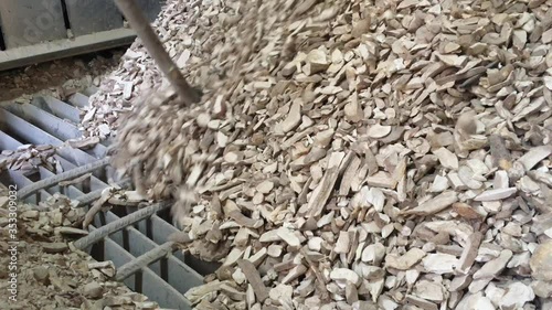 pile of wood tapioca and cassava pieces is pouring to intake 