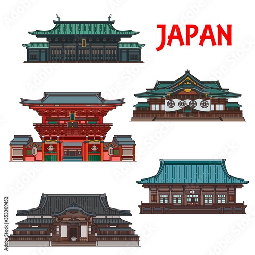 Japanese travel landmarks with vector buildings of Tokyo. Thin line temple pagodas of Buddhist Gokoku-ji, Sengaku-ji and Confucian Yushima Seido, Imperial Shrine of Yasukuni and Kanda Myojin Shrine