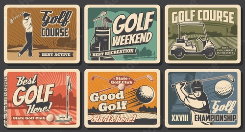 Golf sport vector clubs, balls and tees, flags and holes on green grass course with players or golfers and cart, winner trophy cup and bag. Golf club retro posters of championship tournament