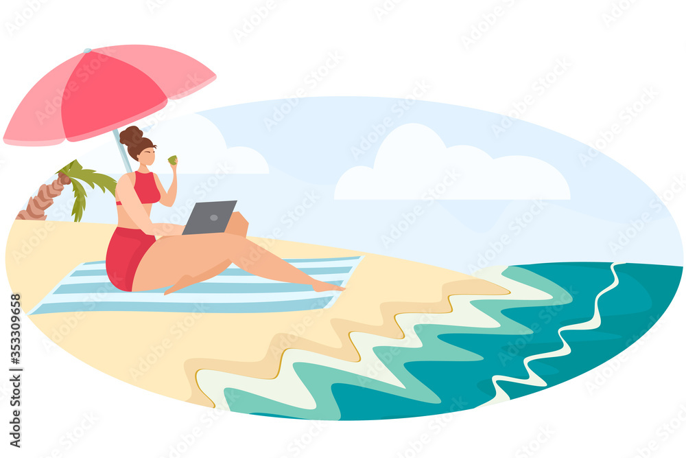 The girl works remotely on the beach. Freelancer in a warm country. Palm trees, sand, sea. Dream job.