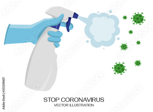 Flat vector illustration. Spray bottle with an antiseptic, a man in gloves disinfects the surface, stop the coronavirus, pandemic, virus molecules.