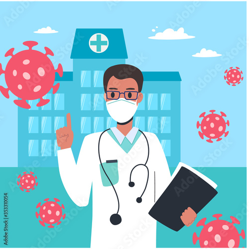 A doctor in a white coat and medical mask warns of the dangers of coronavirus. Virologist man on the background of the hospital gives recommendations, Vector in cartoon style