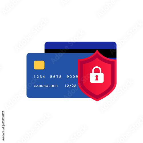 Credit card security flat icon. Electronic payment protection concept. Secure online transaction. Blue plastic cards and shield with lock isolated on white. Internet safety. Vector illustration