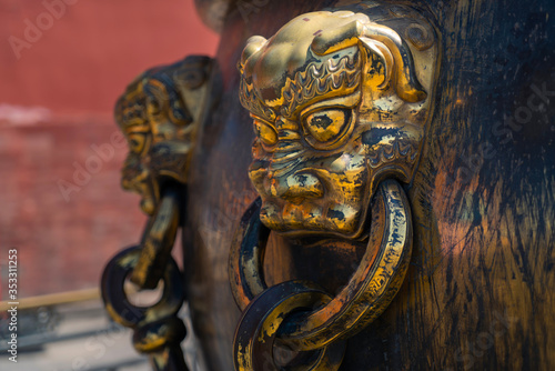Close-up of lion head on a bronze pot found at Forbidden City, Beijing, China © Jiva Core