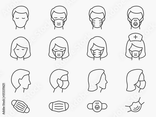Medical face mask line icons set. Black vector illustration. Editable stroke.