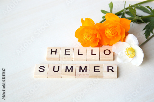 The inscription on wooden blocks - hello, summer. Summer flowers. Close-up. There is free space for text.