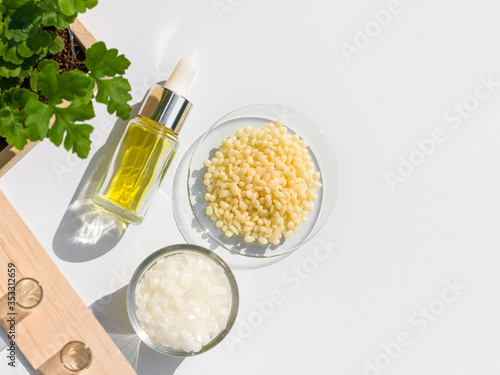 Yellow cosmetic color (oil), Microcrystalline wax and Candelilla Wax. Chemicals for beauty care arranged in natural form in a white background. (Top View) photo