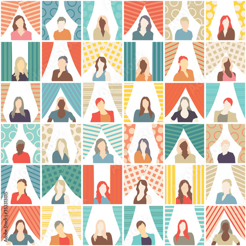 People in windows seamless pattern. Repetitive vector illustration. Concept of staying home, population, quarantine, neighbourhood.
