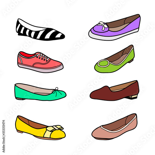 Set of female flat shoes. Vector illustration