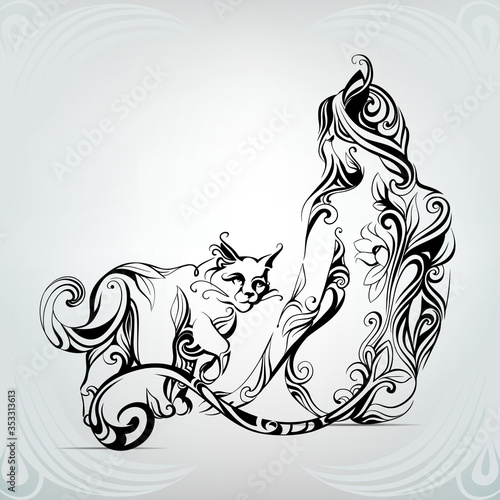 Vector silhouette of girl cat with a black cat in the ornament