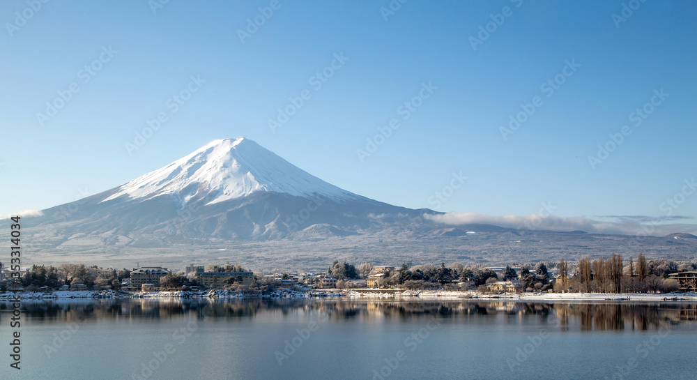 Mt. Fuji with red pagoda in winter, Fujiyoshida, Japan