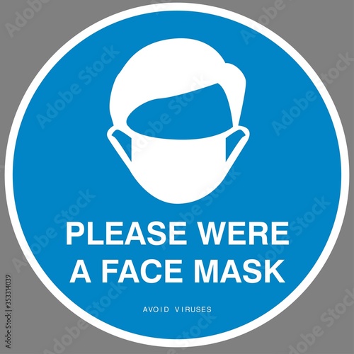 Obraz na plátně Social distancing concept for preventing coronavirus covid-19 with wording please wear a face mask in white color on blue background