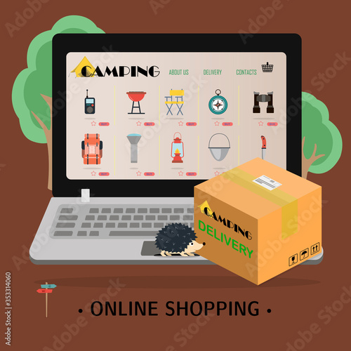 laptop screen with an online store of camping and mountaineering equipment. Flat illustration of the site with products and their delivery to the buyer s home. A smartphone app or website that sells
