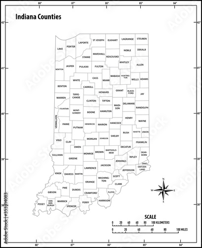 Indiana state outline administrative and political vector map in black and white
