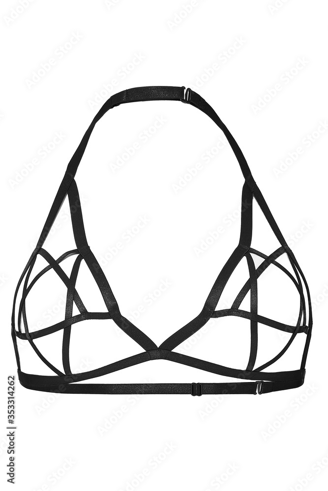 Detailed shot of a black harness made as an open bra with a star pattern of satin straps. The fashion body harness with a neck strap is isolated on the white background. Detailed shot of a black harness made as an open bra with a star pattern of satin straps. The fashion body harness with a neck strap is isolated on the white background.