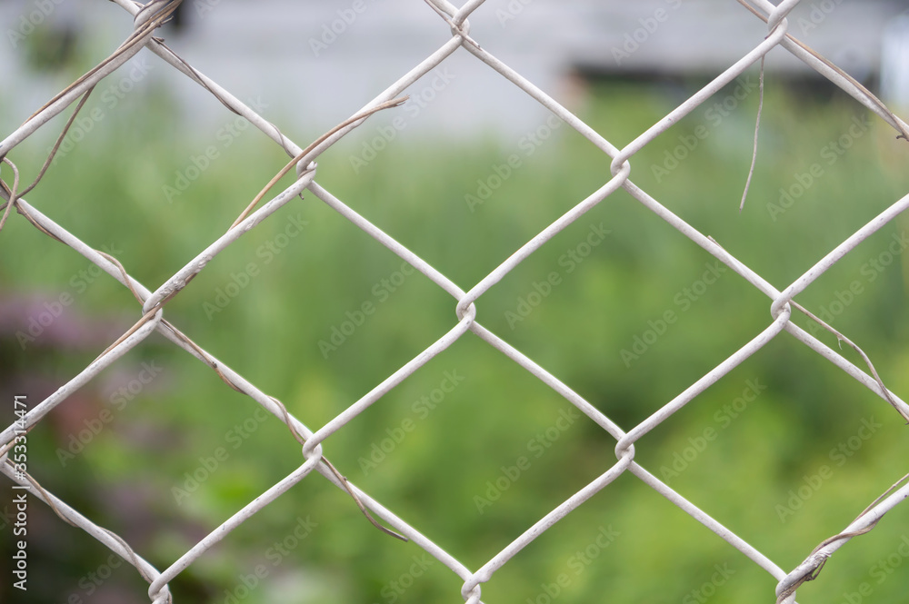 Fototapeta premium white steel wire fance and grass background