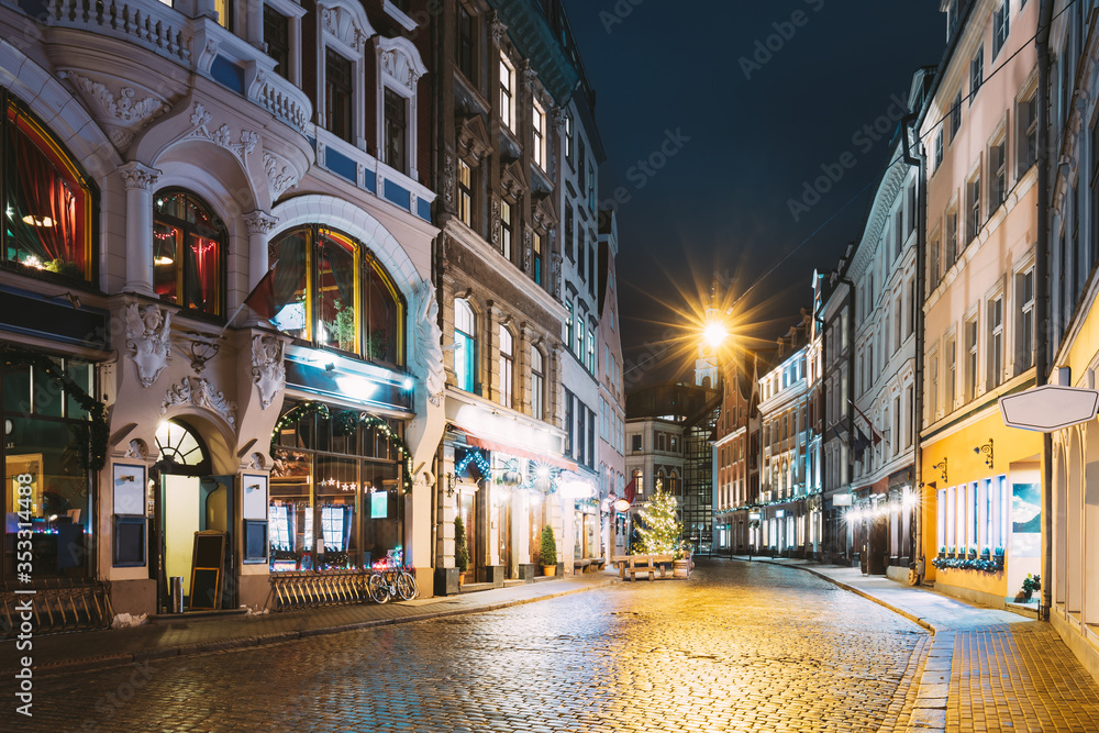 Riga, Latvia. Night View Of Tirgonu Street In Night Christmas Lighting Illumination.