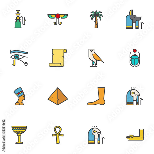 Egypt filled outline icons set, line vector symbol collection, linear colorful pictogram pack. Signs, logo illustration, Set includes icons as nefertiti eye, hookah, manuscript, pyramid, palm tree