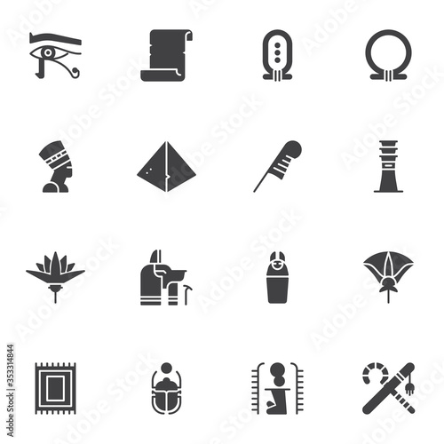 Egypt culture vector icons set, modern solid symbol collection, filled style pictogram pack. Signs, logo illustration. Set includes icons as Nefertiti queen, feather pen, scarab , ancient, hieroglyph