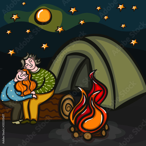 The illustration contains an image of a guy and a girl sitting by a fire on a warm summer night in the forest in an embrace. The full moon and stars are in the background.