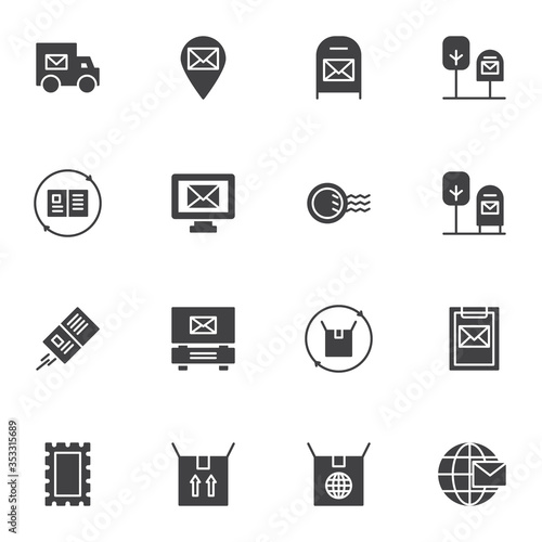 Post delivery vector icons set, modern solid symbol collection, filled style pictogram pack. Signs, logo illustration. Set includes icons as delivery truck, postbox, mailbox, post office, tracking