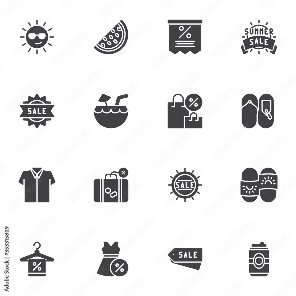 Summer commerce vector icons set, modern solid symbol collection, filled style pictogram pack. Signs, logo illustration. Set includes icons as summer sale sticker, price tag, discount label, clothes