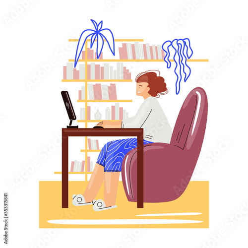 Freelance woman work in comfortable cozy home office vector flat illustration. Freelancer girl character working from home at relaxed pace, self employed concept