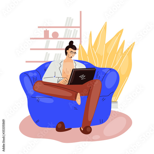Freelance man work in comfortable cozy home office in armchair sofa vector flat illustration. Freelancer man character working from home at relaxed pace, self employed concept